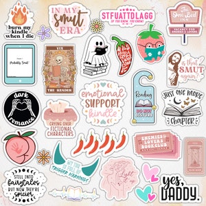 May include: A collection of colorful stickers featuring various bookish themes, including a ghost reading a book, a peach with a handprint, a book with the text "Just one more chapter", and a sign that says "Enemies to Lovers Book Club".