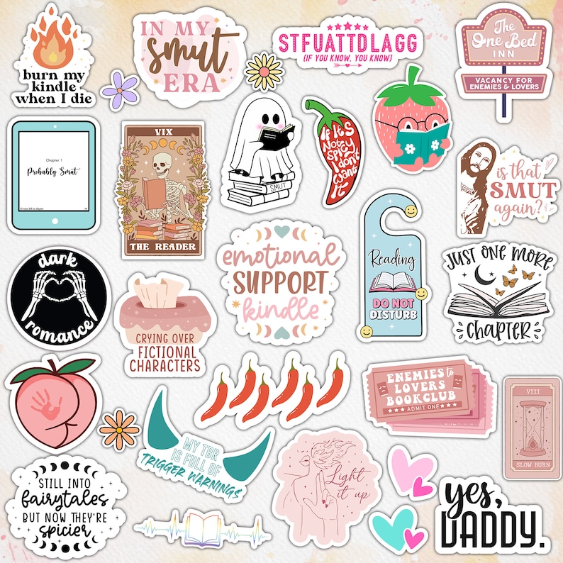 May include: A collection of colorful stickers featuring various bookish themes, including a ghost reading a book, a peach with a handprint, a book with the text "Just one more chapter", and a sign that says "Enemies to Lovers Book Club".