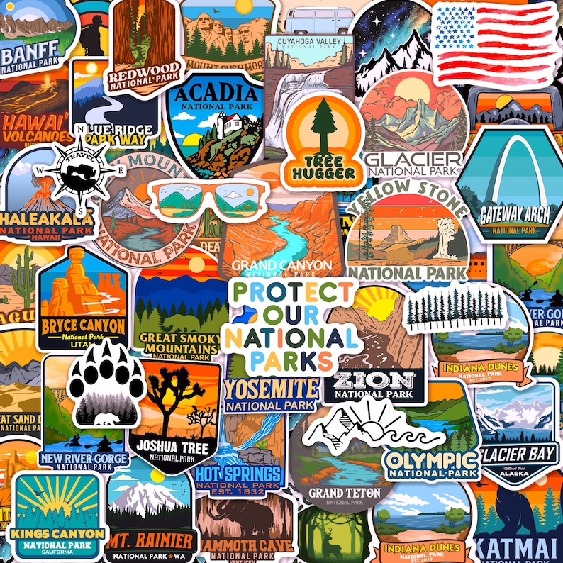 Peut inclure: Un assortiment d'autocollants color&eacute;s repr&eacute;sentant des parcs nationaux. Les autocollants pr&eacute;sentent divers paysages, notamment des montagnes, des canyons et des for&ecirc;ts. Le texte comprend "Protect Our National Parks" et des noms de parcs comme "Yosemite" et "Glacier".