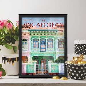 Cartel de shophouse Artprint al estilo Peranakan verde singapurense