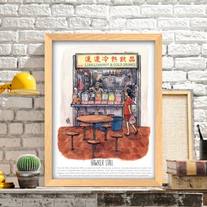 Singapore traditional food hawker drinks stall hand drawn art print.