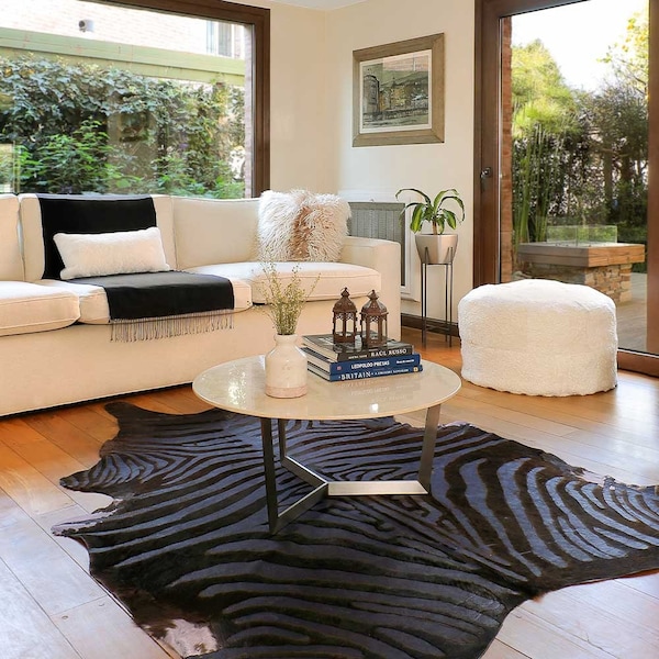 Doble Black Zebra Print Cowhide Leather Rug | Genuine Pattern | Natural Hair