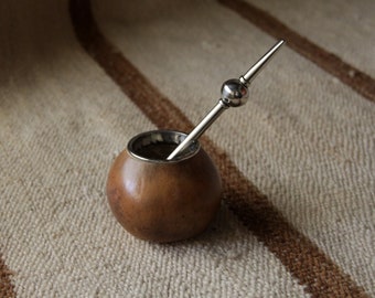 Calabash Mate Gourd Simple | Yerba Mate Cup | Nickel silver Straw (bombilla) and details |