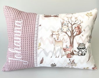 Pillow with name birth pillow personalized forest friends boho waffle piqué gift for birth fox forest animals cuddly pillow pink girl