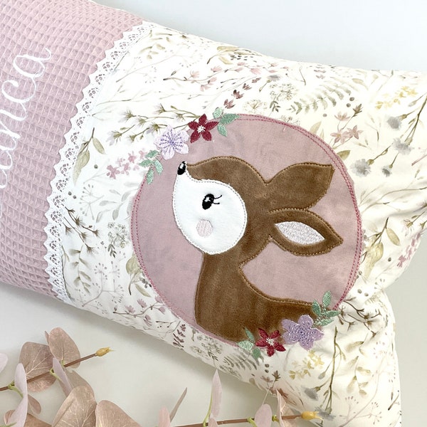 Pillow deer name flowers old pink lilac customizable girls cuddly pillow daycare