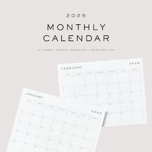 May include: A printable 2025 monthly calendar with January and February pages shown. The calendar is in black and white with a simple design.