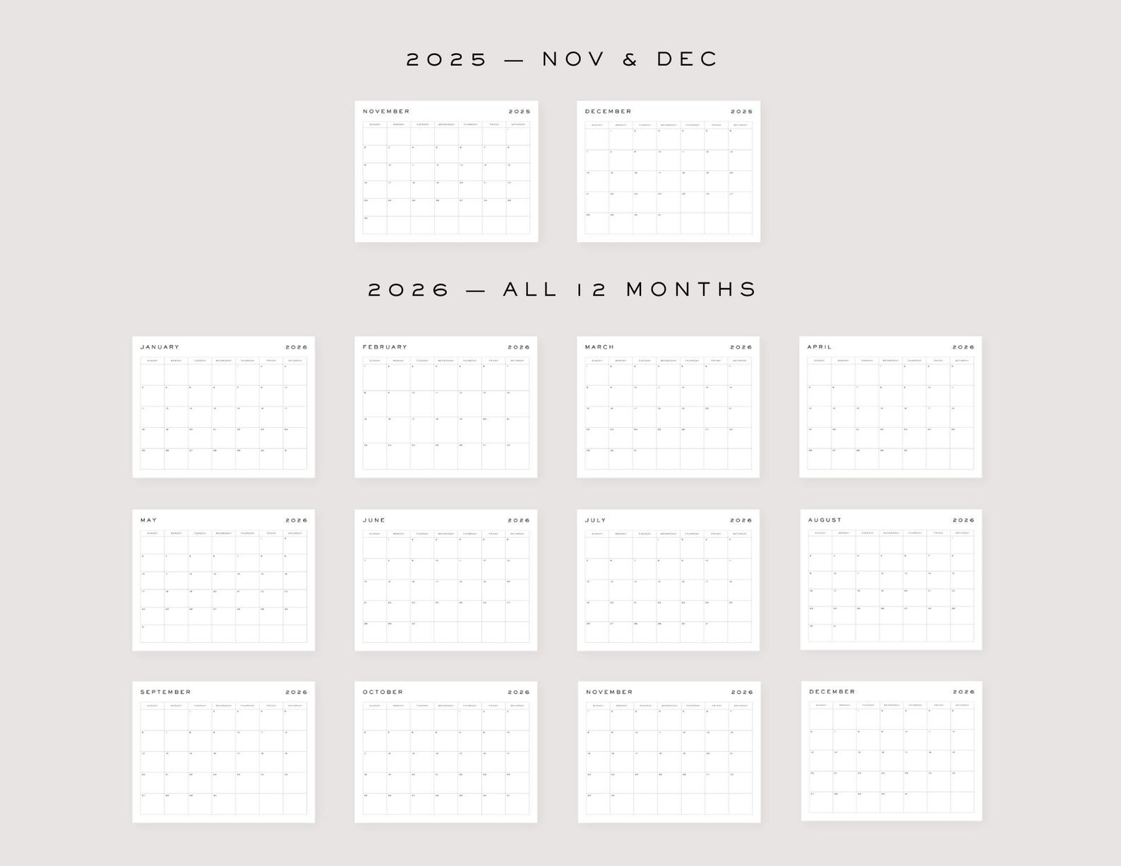 2025 - 2026 Monthly Calendar, Printable Template, Simple Classic