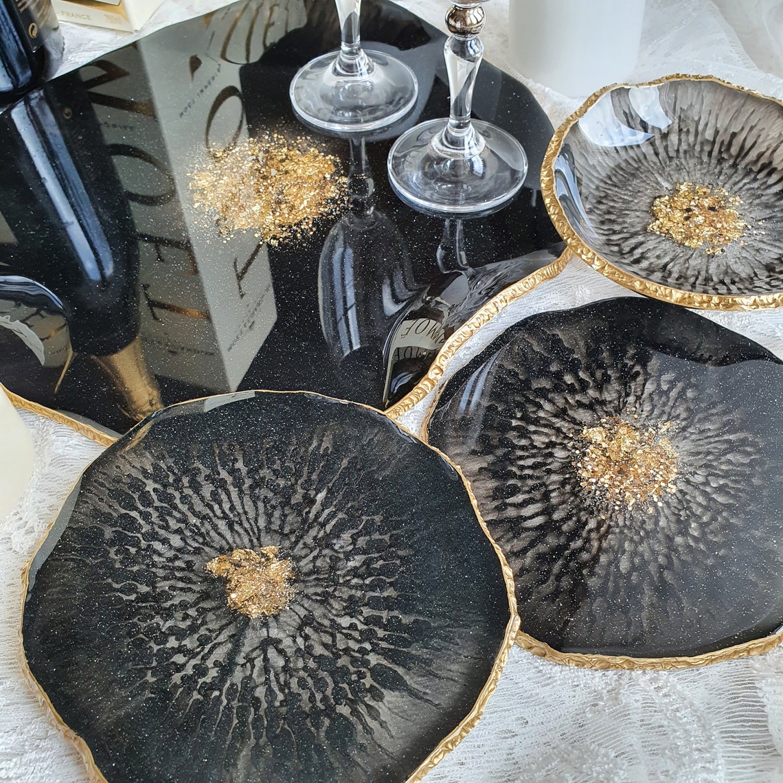 Black Perfume Tray Resin Vanity Tray Black Agate Coasters Etsy