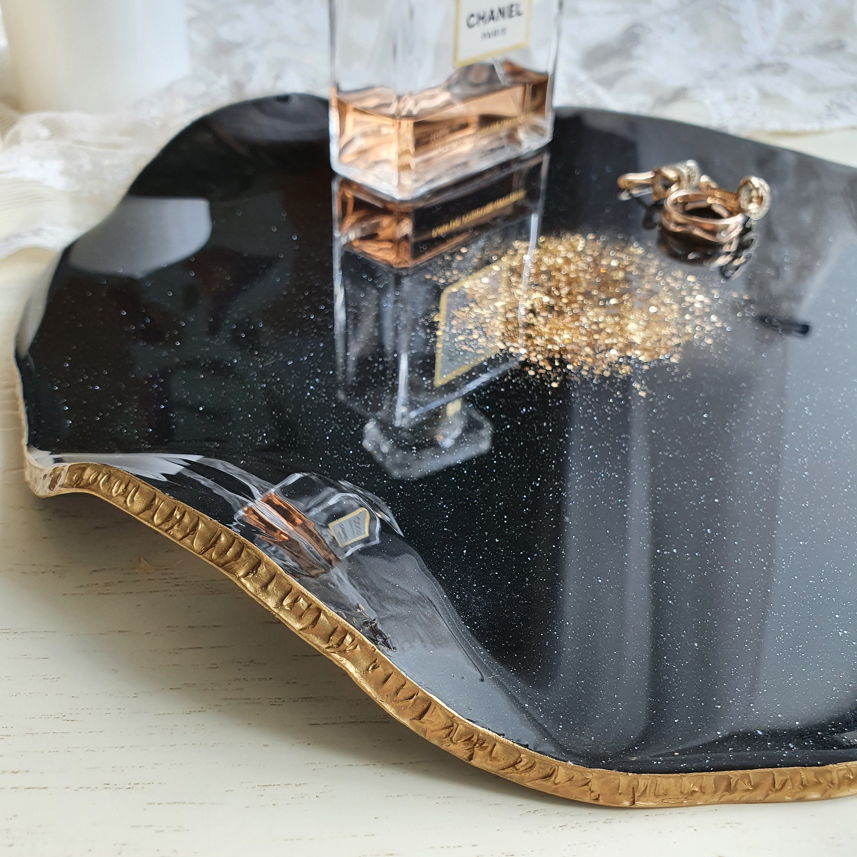 Black perfume tray resin vanity tray black agate coasters Etsy