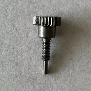 Puede incluir: Un tornillo de metal plateado con cabeza moleteada. El tornillo tiene un eje roscado y una punta puntiaguda.