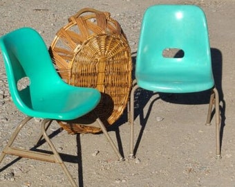 Vintage MCM Krueger Metal School Kids Fiberglass Stackable Aqua Turquoise Chairs