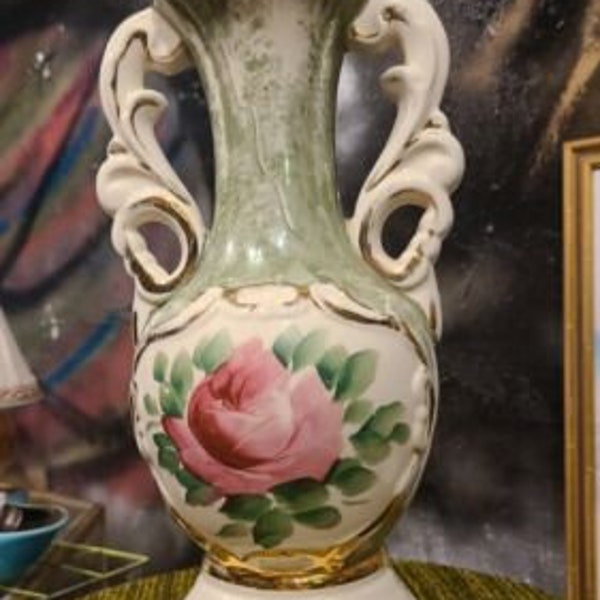 Vintage 1940s Hand Painted Victorian Art Deco Urn Lamp - Burgundy - Ullrich