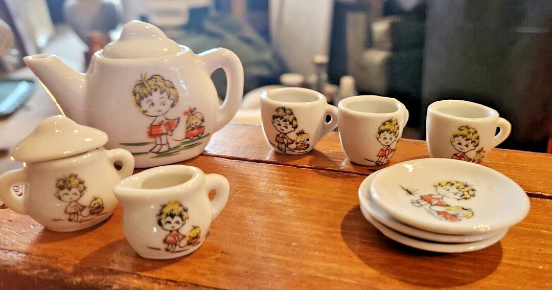 Vintage Mini Tea Cup Set Girl W/red Striped Top 11 Piece Set Japan Etsy
