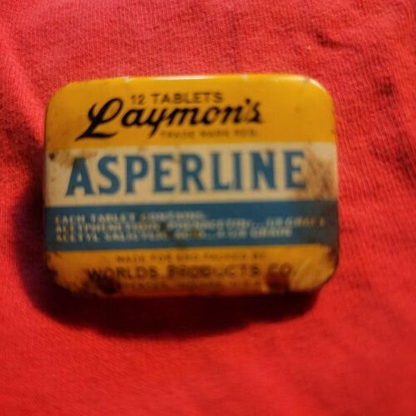 Vtg Medicine Litho Tin Laymons 12 Tablets Asperline Advertising Used