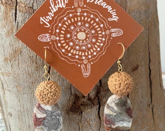 Crazy Lace Agate Crystal Gold Earrings with Quandong Seeds