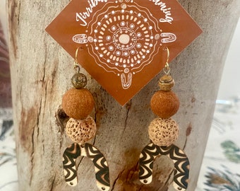 Jasper Bead Gold Earrings with Quandong & Sandalwood Seeds and Woodburned Boomerangs