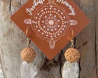 Crazy Lace Agate Crystal Gold Earrings with Quandong Seeds