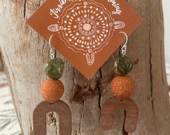 Rainforest Jasper Crystal Silver Earrings with Sandalwood Seeds and Boomerangs