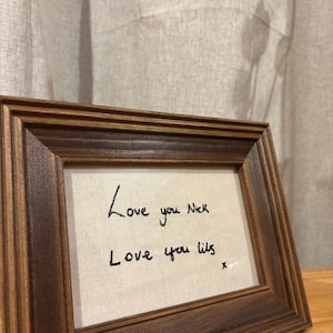 Personalised Embroidered Handwritten Keepsake | Message From Loved Ones, Framed on natural fabric.