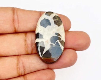 May include: An oval-shaped gemstone with a unique pattern of black, white, and brown colors. The stone has a polished surface and is held in a hand. The design resembles a mosaic or abstract art.