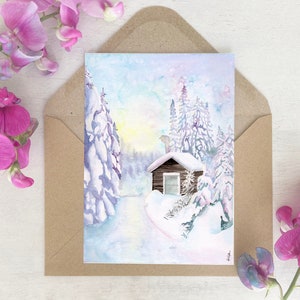 Karte | Aquarell | Schneelandschaft | Pastell | Winter | Grußkarte | Druck | Haus | Wald | Geschenk | Weihnachten Hochzeit