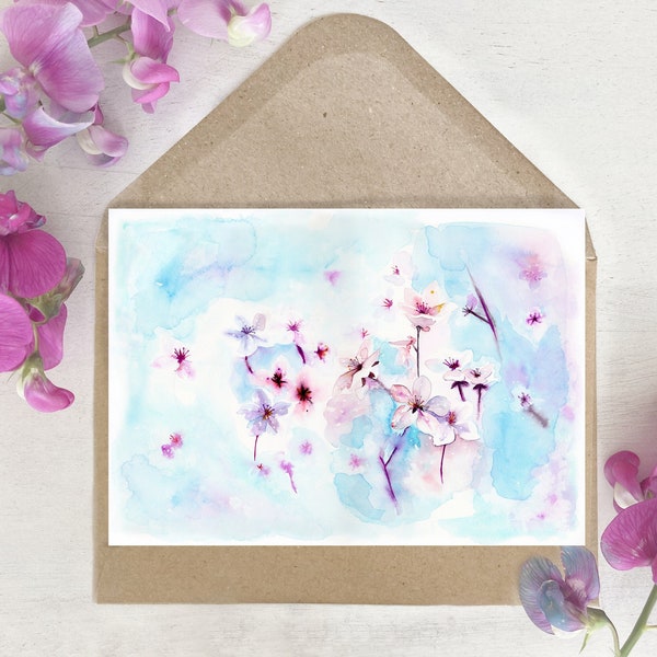 Karte | Aquarell | Blume | Kirschblüten | Pastellfarben | Grußkarte | Druck | Blüte Hochzeit | Geschenk