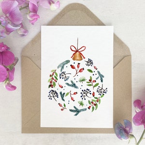 Weihnachtskarte | Weihnachtskugel | Glocke | Weihnachten Weihnachtsbaum | Aquarell | Mistelzweig | Grußkarte Postkarte