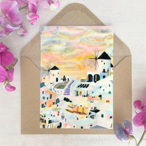 Karte | Aquarell | Griechenland | Mittelmeer | Sonnenuntergang | Insel Riviera Mykonos | Grußkarte | Santorini | Pastell Geburtstag
