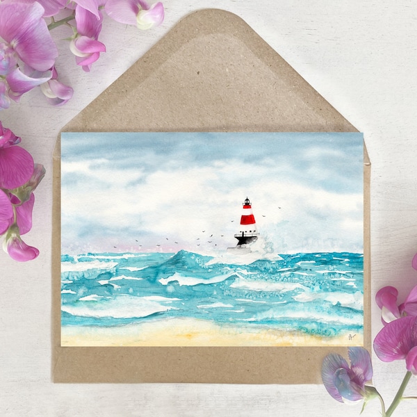 Karte | Aquarell | Nordsee | Leuchtturm Urlaub Meer Strand | Grußkarte | Druck