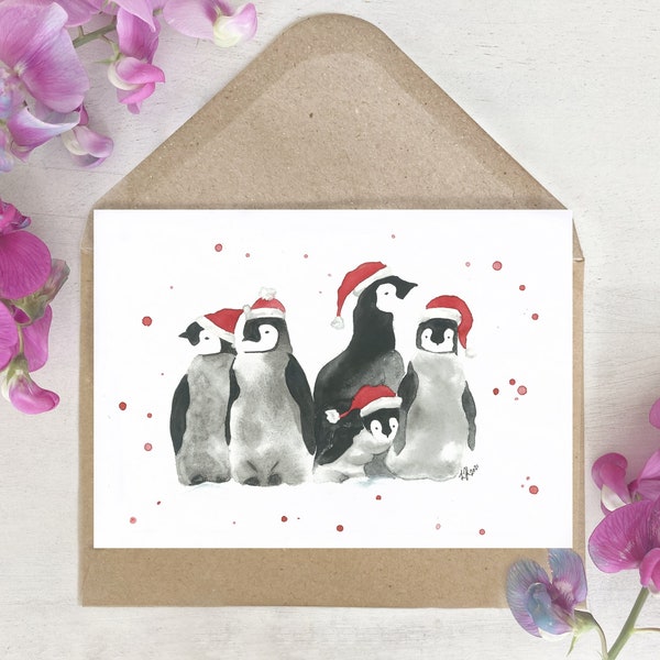 Karte | Aquarell | Postkarte | Pinguin Baby Tierbaby | Weihnachtsmütze Nikolausmütze | Schnee | Grußkarte | Druck | Weihnachten