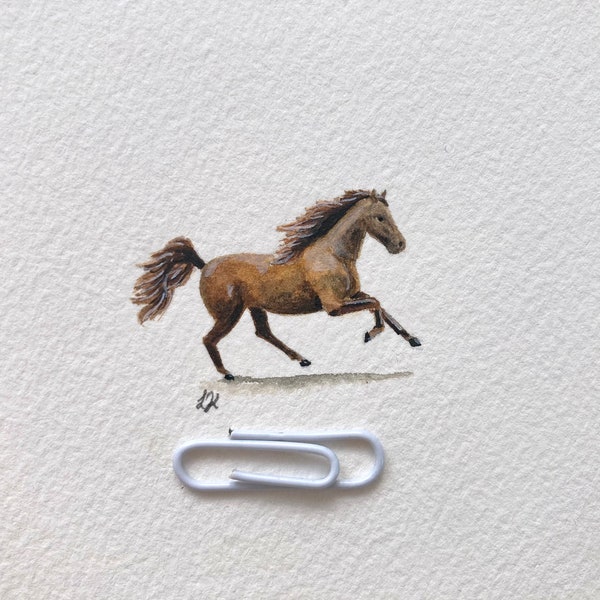 Mini Watercolor | horse | Pony cute baby animal | Original small tiny children's room | handmade | black horse | Miniature | Watercolor