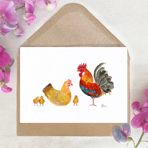 Karte | Aquarell | Huhn Hahn Henne Kücken | Grußkarte Vogel Ostern Bauernhof | Frühling | Geburtstag | Osterkarte | Geschenk