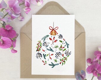 Weihnachtskarte | Weihnachtskugel | Glocke | Weihnachten Weihnachtsbaum | Aquarell | Mistelzweig | Grußkarte Postkarte