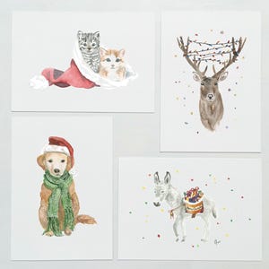 Weihnachtskarten Set | Aquarell | Hund - Esel Geschenke - Golden Retriever - Elch/ Hirsch - Katze - | Grußkarte | Xmas Weihnachten