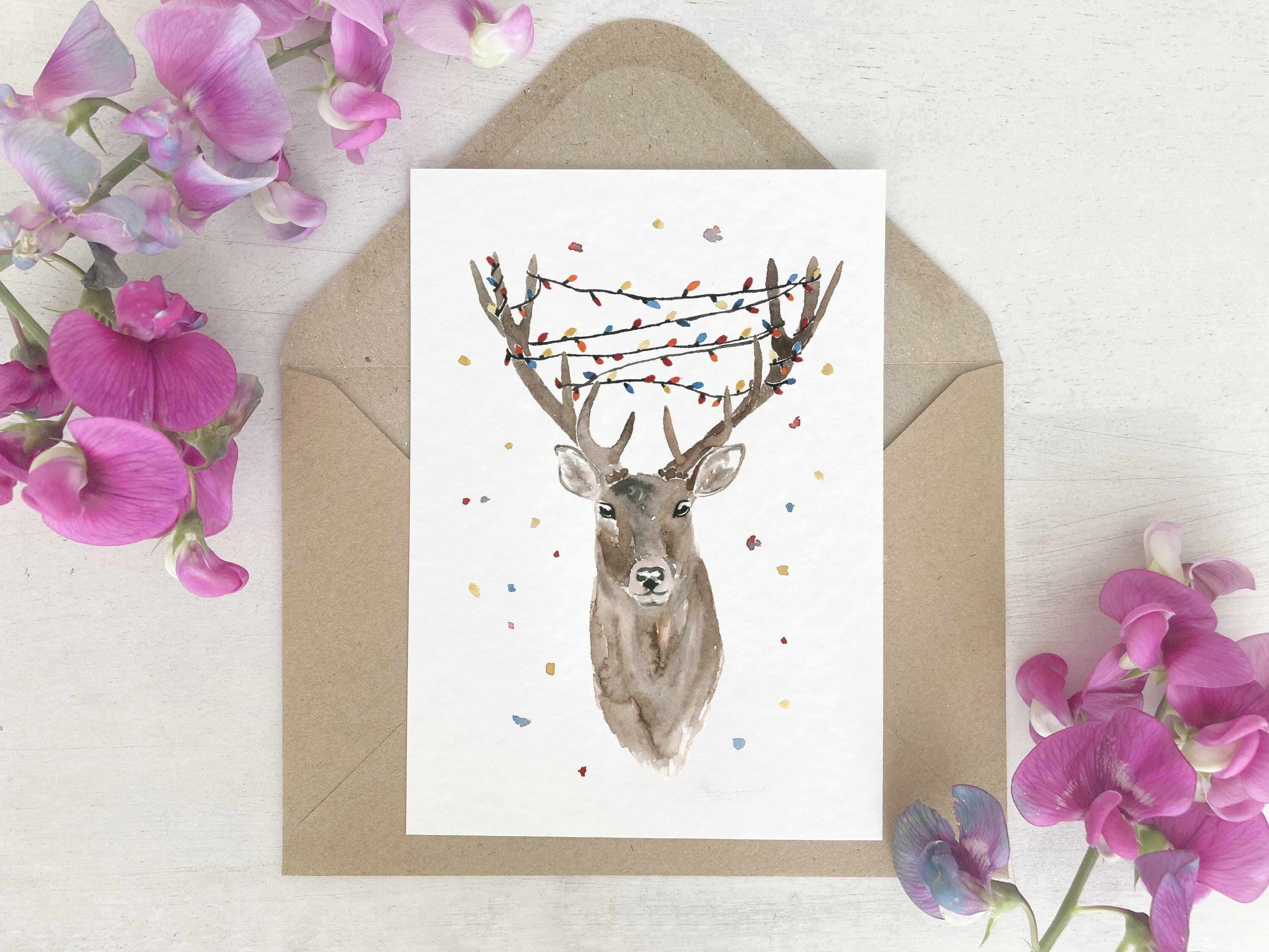 Karte | Reh | Hirsch | Weihnachten Herbst | Aquarell | Lichterkette im Geweih | Waldtier | Grußkarte Postkarte