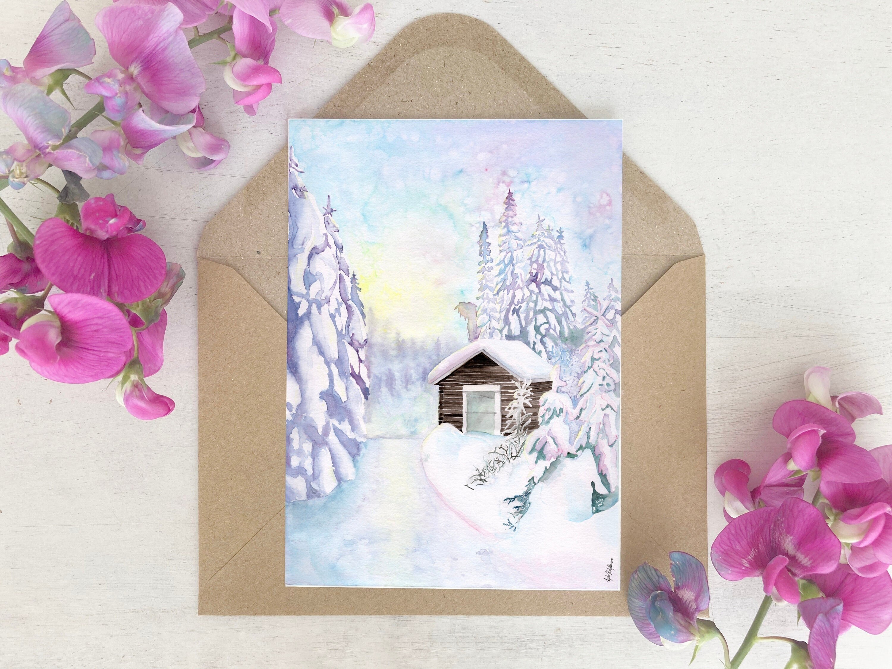 Artery8 Grußkarte „Wald Schnee Wildblumen“ – Winter-Geburtstagskarte, 17,5x12,5 Cm, Inkl. Umschlag