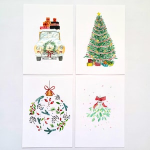 Weihnachtskarten Set | Aquarell | Schnee Auto - Weihnachtskugel - Weihnachtsbaum / Tannenbaum - Mistelzweig | Grußkarte | Xmas