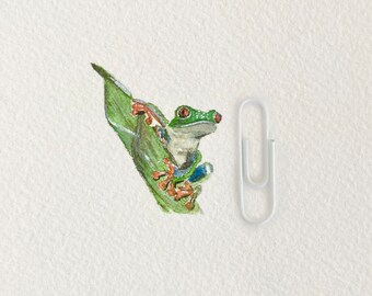 Mini Aquarell | Frosch | Laubfrosch | Original klein winzig | handmade | Impressionistisch |grün bunt | Miniatur | Watercolor | Wanddeko