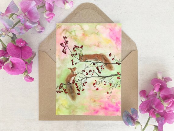 Karte | Eichhörnchen | Aquarell | Tierbaby | Weihnachten | Grußkarte | Postkarte | Herbst | Baby | Pastells | Geschenk