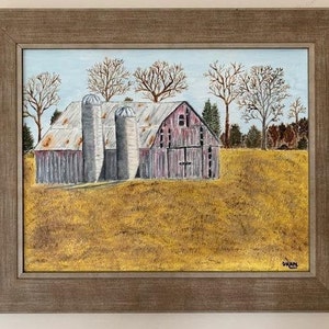 Title: End of Season; Framed barn landscape, original oil painting on stretched canvas