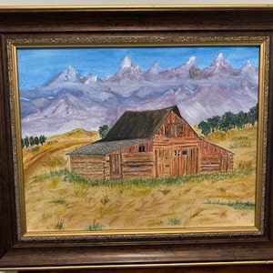 Barn with Mountain Landscape Original Oil Painting