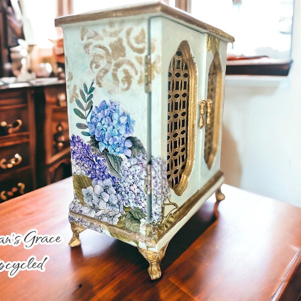 Vintage, Blue, Green, Hand Painted, Stencil, Transfer, Large, Jewelry Box, Refurbished, Gift for Her, Armoire, Lilac, Hydrangea, Floral,