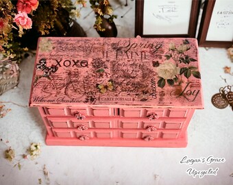 Vintage, Hand Painted Musical Jewelry Box, French Inspired, Grapefruit Pink, Large Drawers, Decoupage, Refurbished, Unique, Gift for Her
