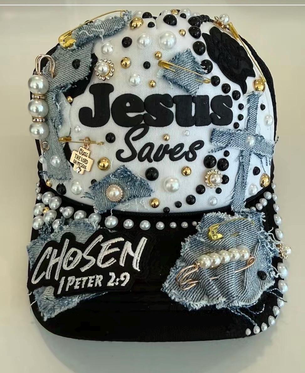 Hand-Finished Pearl Denim Faith Cap Jesus Saves Chosen 1 Peter 2:9 Streetwear