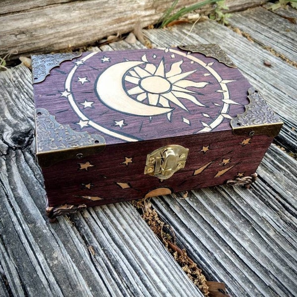 Tarot Card Storage Box, Moon and Sun Jewelry Box, Tarot Moon Phase tarot card alter box, Moon trinket box, woodburned memory box