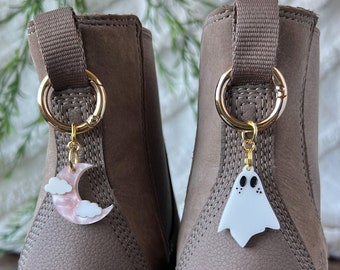 SET | Pink Opal Moon and Ghost Boot Charms, Pull Loop Charms, Shoe and Bag Charms, Boot or Sneaker Clip, Acrylic Shoe Keychain