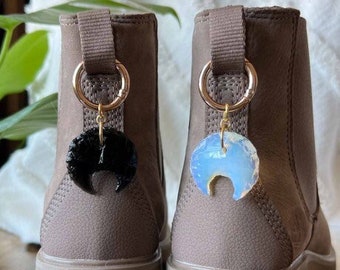 ONE Crescent Opalite or Obsidian Moon Boot Charm, Pull Loop Charm, Shoe and Bag Charms, Boot or Sneaker Clip, Crystal Keychain (not a pair)