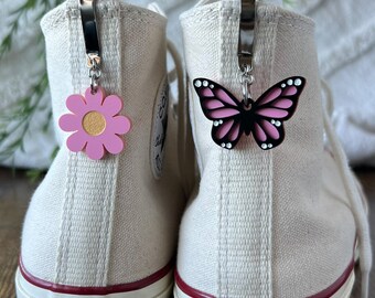 SET | Pink Butterfly and Flower Shoe Clips, Shoe Charm, High Top Sneaker or Boot Clip, Acrylic Keychain Shoe Accessory