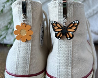 SET | Orange Butterfly and Flower Shoe Clips, Shoe Charm, High Top Sneaker or Boot Clip, Acrylic Keychain Shoe Accessory