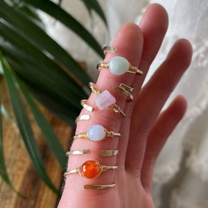 Crystal Wrap Rings | 14k Gold Filled Sterling Silver, Kunzite Green Moonstone Blue Lace Agate Carnelian